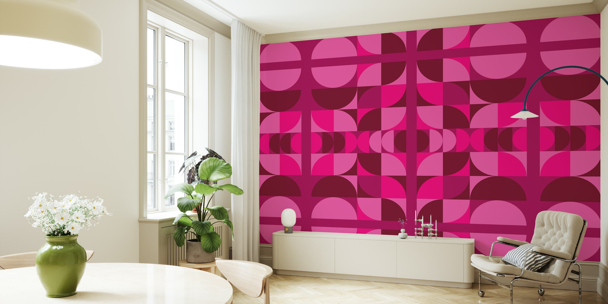 Geometric patterns in shades of pink and burgundy wallpaper